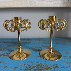 LYCENTA 1982 24 CT Gold Plated Candle Holders with Teardrop Crystals Vintage